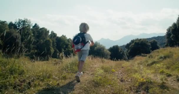 Cheerful Carefree Children Running Countryside Road Mountain Hike Travel Camera — Vídeo de Stock