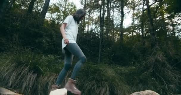 Relaxed Happy Young Adult Woman Walk Hiking Boots Steam Mountain — Vídeo de Stock
