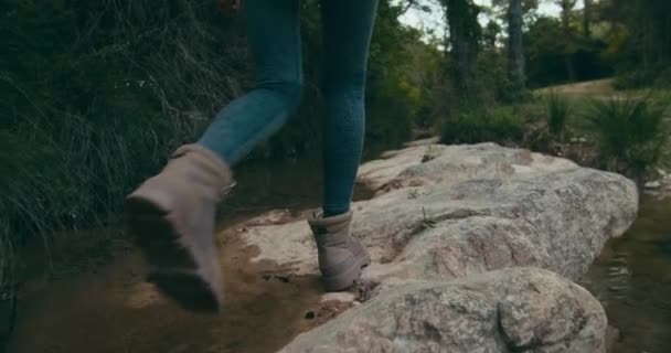 Low Angle Handheld Footage Woman Feet Trekking Boots Hiking Mountain — Wideo stockowe