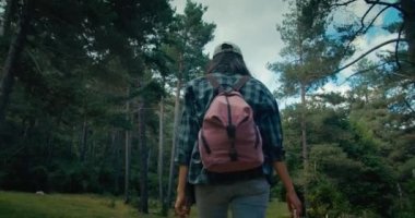 Female traveler with backpack walk on tourist trail in forest on autumn vacation. Camera follows young adult woman on trekking in pine trees woodland. Backpacker girl on hike path view from back