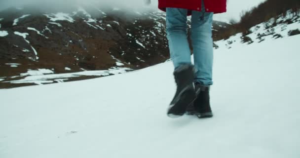 冬の休暇の旅の冒険で雪の上を歩く女性旅行者の足に続く低角度カメラ 若い大人の認識できない女性は 観光パス上のトレッキングブーツで 壮大な自然景観を探索 — ストック動画