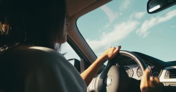年轻的成年女子在暑假旅行路上开车 慢动作低角度镜头中的女性旅行者驾驶汽车进行探险 — 图库视频影像