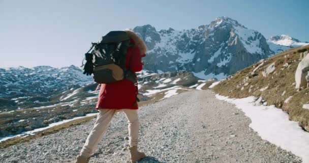 Viaggiatore Donna Giacca Rossa Zaino Escursionistico Piedi Sul Sentiero Turistico — Video Stock