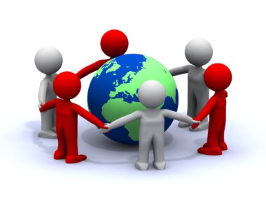 3 d stand around the planet earth and holding hands clipart