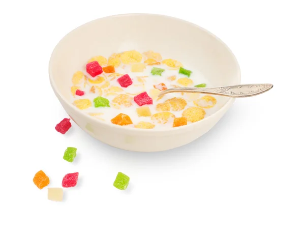 Breakfast cereal with milk and candied fruit — Stock Photo, Image