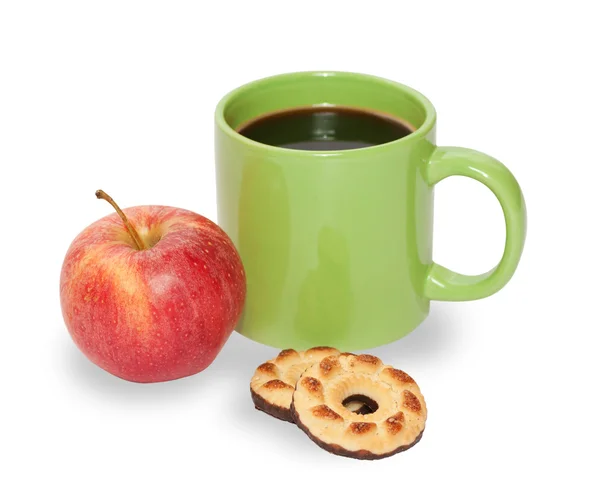 Šálek kávy, jablko a sušenky — Stock fotografie