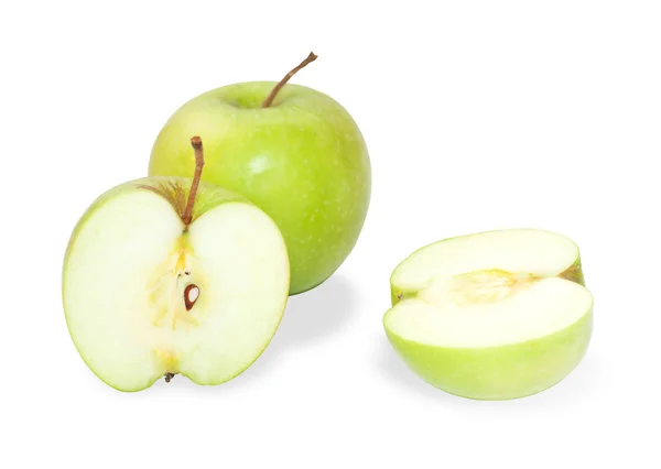 Two green Granny Smith apples, one cut open — Stock Photo, Image