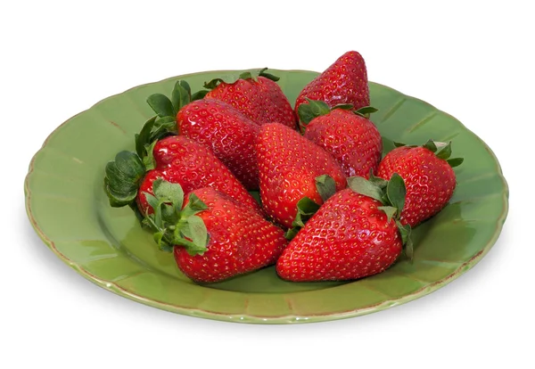 Ripe strawberries on green plate isolated — Stock Photo, Image