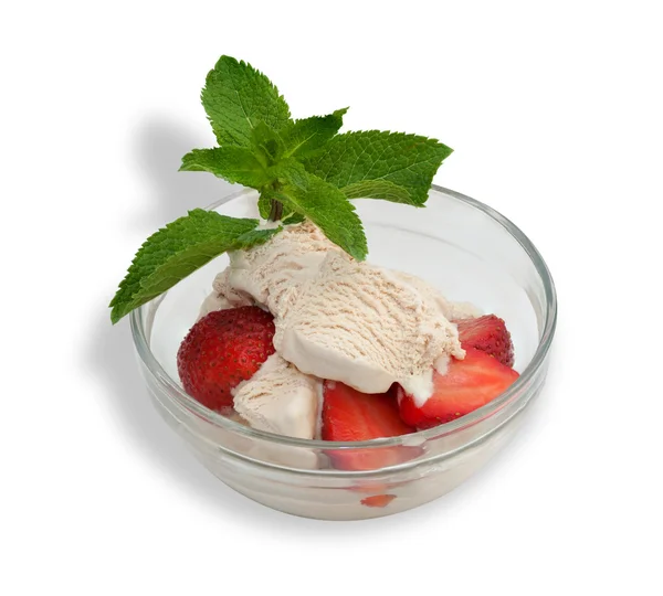 Ice cream with strawberries and mint leaves isolated — Stock Photo, Image