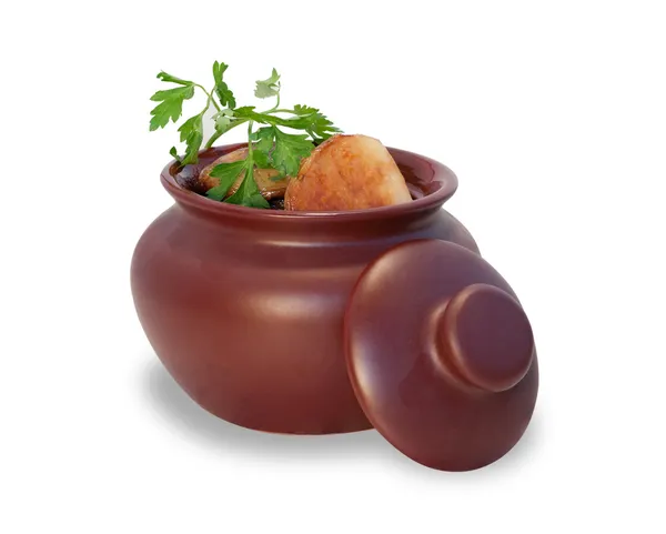 Gebakken aardappelen met takje groen in pot geïsoleerd — Stockfoto