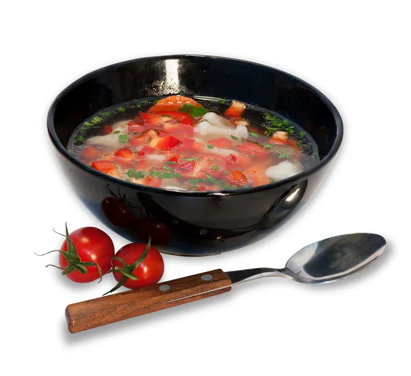 ベジタリアン スープ チェリー トマトとブラック ボウル iso のハーブ — ストック写真