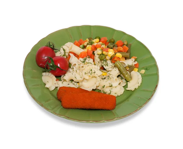 Nudeln, Fischstäbchen, Gemüse auf Teller mit Gabel isoliert — Stockfoto