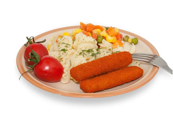 Pasta, fish sticks, cherry tomatoes and greens on plate with for — Stock Photo, Image