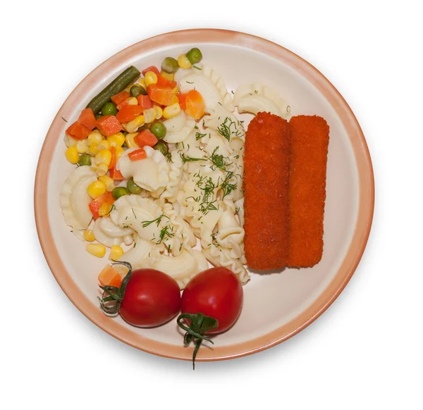 Pasta, fish sticks, vegetables on plate with fork isolated — Stock Photo, Image