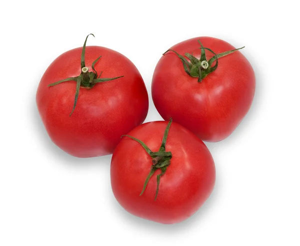 Trzy dojrzałe pomidory izolowane na białym tle — Zdjęcie stockowe