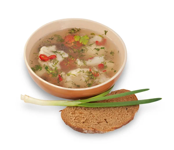 分離されたパンのスライス ・ タマネギ ・野菜スープ ボウル — ストック写真