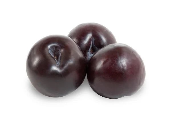 Trois prunes rouges mûres isolées sur blanc avec ombre — Photo