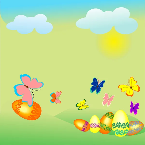 Ilustraciones Huevos de Pascua en la hierba con mariposas — Vector de stock