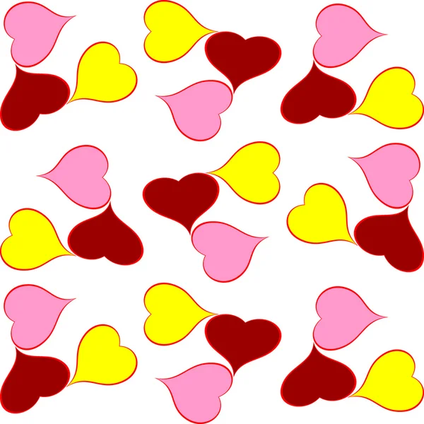 Red yellow pink hearts in seamless background — Stock Vector