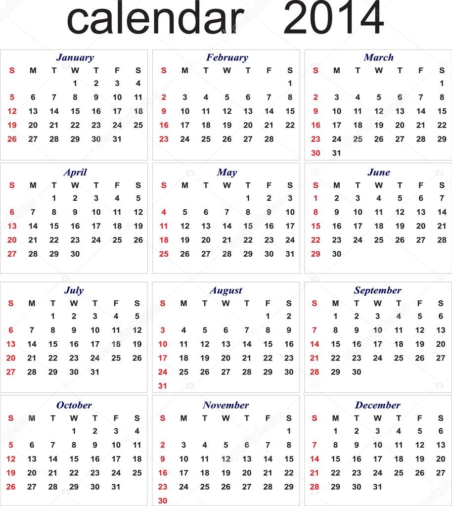 New Year 2014 calendar for all months