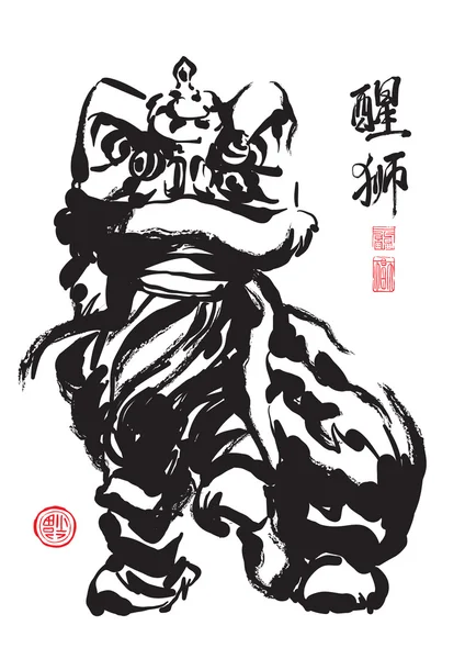 Peinture à l'encre de danse chinoise du lion — Image vectorielle