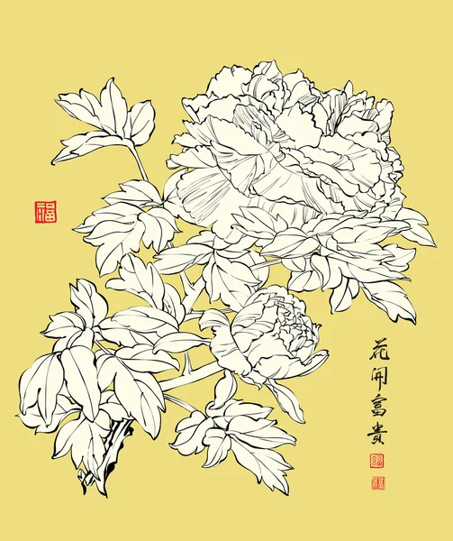 Pintura de tinta de Peonía China — Vector de stock