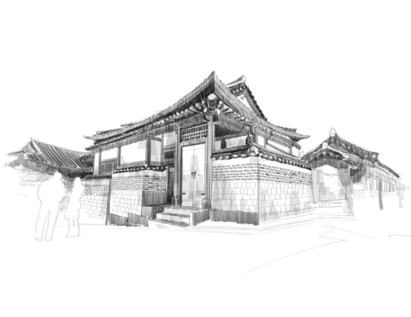 Sketsa Rumah Tradisional Korea - Stok Vektor