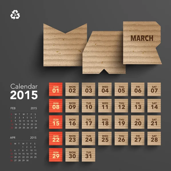 Conception du calendrier 2015 en carton - Mars — Image vectorielle