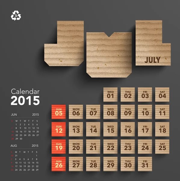 2015 段ボール カレンダーのデザイン - 7 月 — ストックベクタ