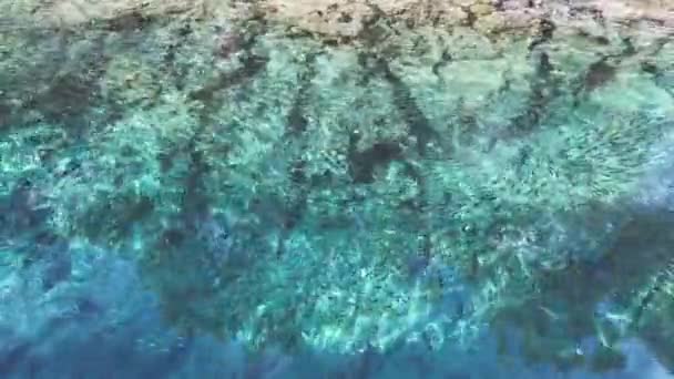 Otroligt vacker azurvatten och många små fiskar, återspegling av himlen på vattnet, den steniga botten av havet, soligt väder — Stockvideo