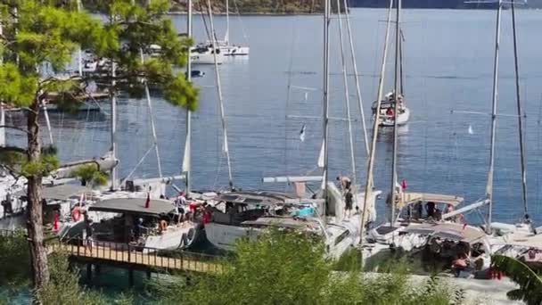 Turkey, Sarsala, 03 October 2021: The picturesque bay of sarsala near one of the many islands near Marmaris, participants of the sailing regatta are at the pier, musts, mountains on background — Stock Video