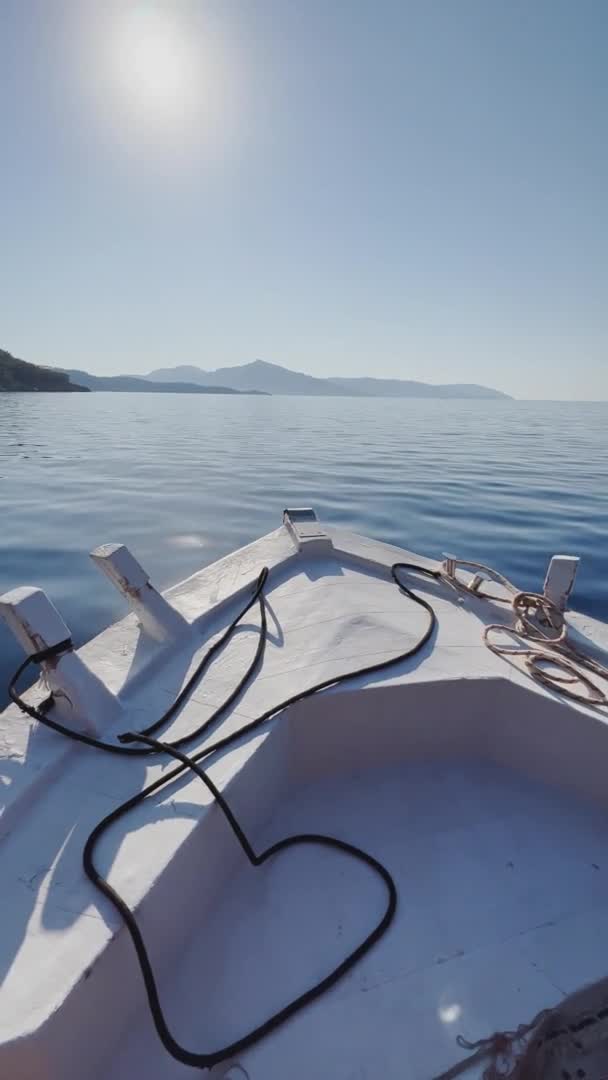 Imágenes verticales del barco en movimiento, la pintoresca bahía de Dalyan en Turquía, cerca de una de las muchas islas cerca de Fethiye, barcos de pasajeros, montañas en el fondo — Vídeo de stock