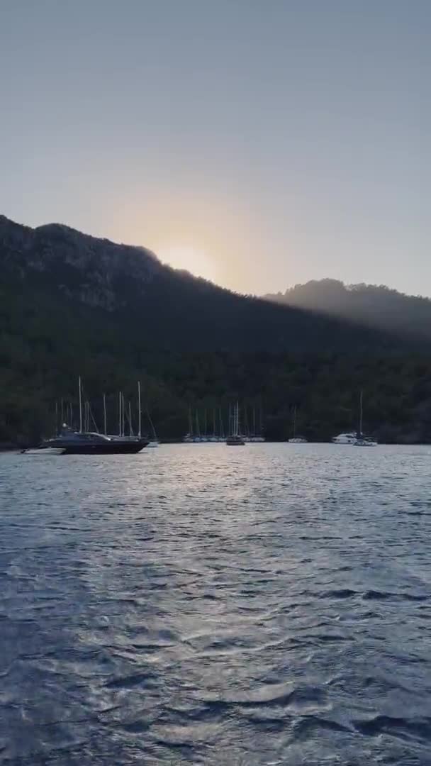 トルコ、サルサラ、 03 10月2021:マルマリス近くの夜の島の絵のように美しい湾で多くの帆船、セーリングレガッタの参加者は、桟橋、マスト、背景に木にあります — ストック動画