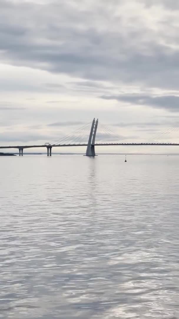 Nagranie pionowe krajobrazu trzeciego mostu kablowego w Sankt Petersburgu, kolejka linowa, w pobliżu stadionu piłkarskiego, rzeka Neva, zatoka fińska, zachmurzenie — Wideo stockowe