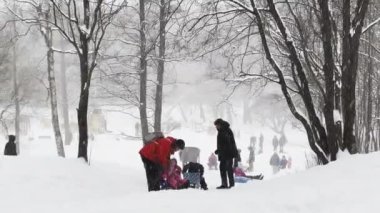 Rusya, St. Petersburg, 04 Aralık 2021: Birçok aile kar kaydırağına biniyor, kartopu oynuyor, vahşi bir parkta yoğun kar yağışı var, büyük kar taneleri yavaşça düşüyor, insanlar uzaklarda yürüyor
