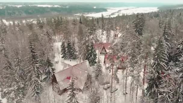 Drone view on cable way in ski resort. Ski lift elevator transporting skiers and snowboarders on snowy winter slope at mountain at weekend, drone flying over snowy slope — Stockvideo