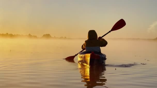 Kayaker flotte sur l'eau calme à travers le brouillard matinal au-dessus de l'eau au lever du soleil, la silhouette d'un homme avec une pagaie sur un kayak, la couleur dorée de l'eau, l'eau chaude et l'air froid, la lumière magique — Video