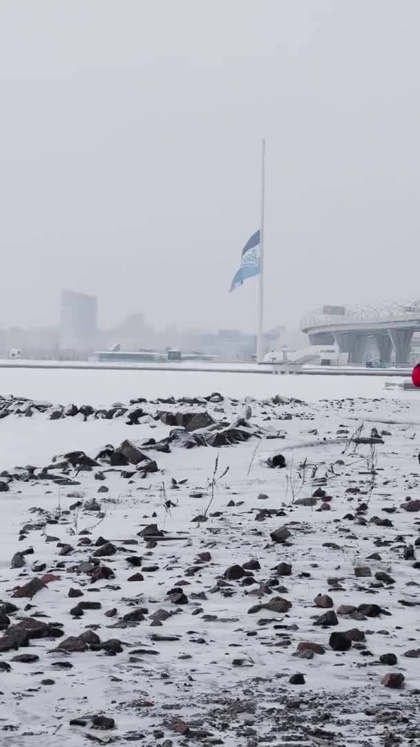 Russia, San Pietroburgo, 22 gennaio 2022: Un uomo in giacca rossa scatta foto con il suo smartphone alzando l'enorme bandiera blu della squadra di calcio Zenit su un pennone vicino allo stadio Gazprom Arena — Video Stock