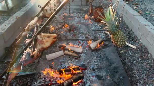 Potongan besar daging babi, daging sapi dan daging nanas dimasak di atas panggangan besar, membakar kayu pada lembaran besi sebagai bara, kepala babi dipanggang pada api terbuka. — Stok Video