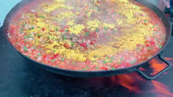 Close-up beelden van het koken van zeevruchten paella in een enorme metalen ketel boven een open vuur, fijn gesneden stukjes garnalen, rijst, tomaten, gekruid met kurkuma, een vakantie voor een groot aantal mensen — Stockvideo