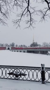 Bir kış akşamı kar fırtınasında Peter ve Paul Kalesi 'nin dikey görüntüleri Petropavlos Katedrali altın ışıkla parıldar, arka planda St. Petersburg manzarası vardır.