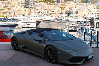 Koyu renkli lüks spor araba Monaco Herkül limanında gölgede, Monte-Carlo, çok agresif bir şekilde roadster, Cabriolet, arka planda bir sürü tekne ve yat var.