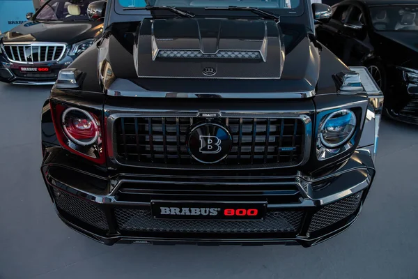 Monaco, Monte-Carlo, 27 September 2017: The famous SUV of the company Mercedes Benz version G in tuning from the company Brabus, brutal car black in carbon fiber trim, — Stock Photo, Image