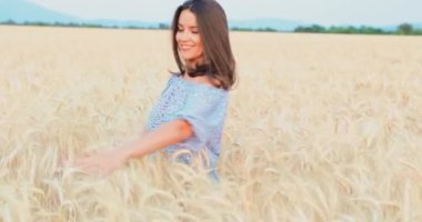 Güzel genç kız gün batımında bir buğday tarlasında yürüyor, uzun mavi bir elbise giyiyor, kıvırcık saçlar, gülümsüyor ve zevk alıyor, bir tarlanın perspektifi. Yüksek kalite 4k görüntü