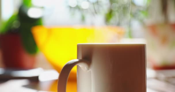 De ochtend kopje koffie of thee in een zonnige dag wacht op een tafel, er is stoom die wordt verlicht door de zon uit een raam, een heldere achtergrond, gezellige keuken — Stockvideo