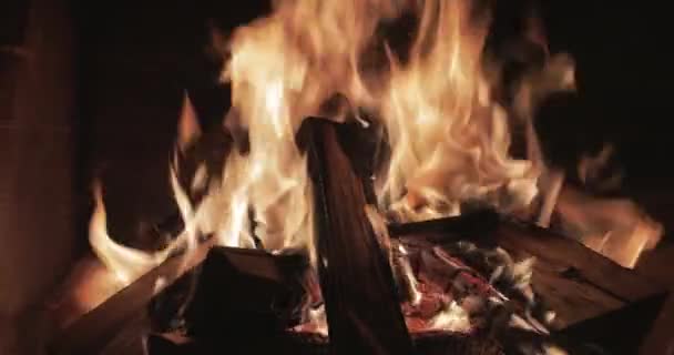 Close-up beelden van het grote vuur met brandhout 's nachts, bakstenen muren van de open haard, kampvuur branden, vonken, vlammen van het vuur, is veel rode houten kolen, open haard, stoom en rook, — Stockvideo