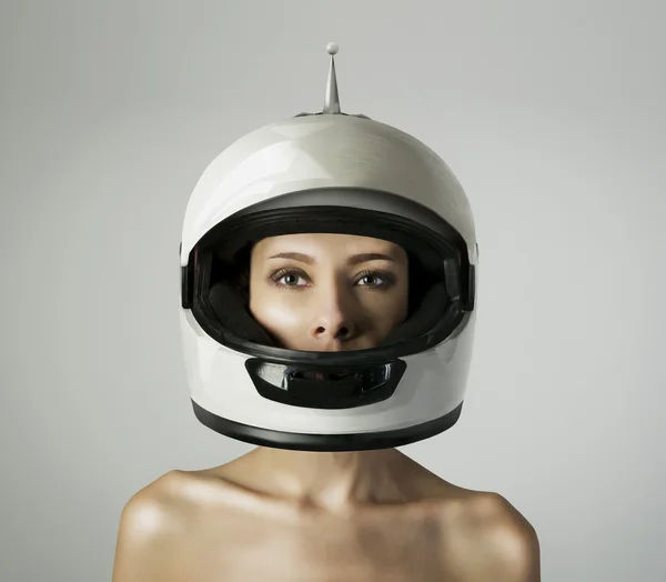 The girl in the white helmet — Stock Photo, Image