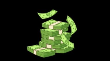 Siyah arkaplan üzerine animasyon dolar banknotları. 