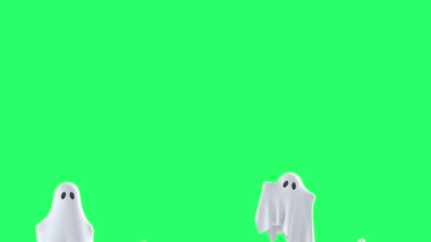 Animation Vita Spöken Flyger Grön Bakgrund — Stockvideo