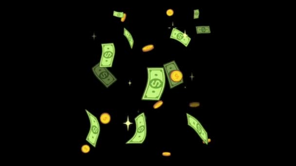 Animatie Dollarbankbiljetten Zwevend Zwarte Achtergrond — Stockvideo